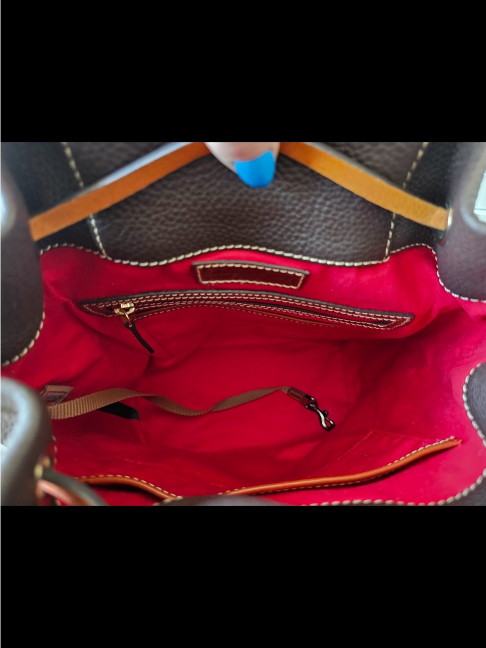Dooney & Bourke Dark Brown Pebbled Leather Backpack with Saddle Tan Trim - Picture 4 of 7